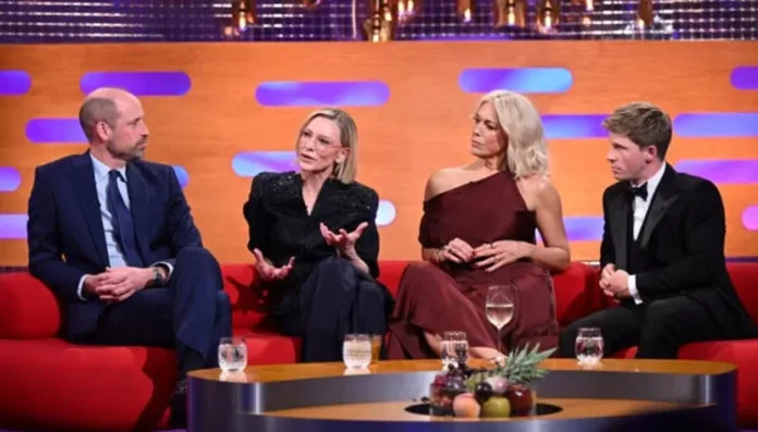 Prince William sits alongside Cate Blanchett, Hannah Waddingham and Robert Irwin on the red sofa during The Graham Norton Show's Earthshot Prize special.